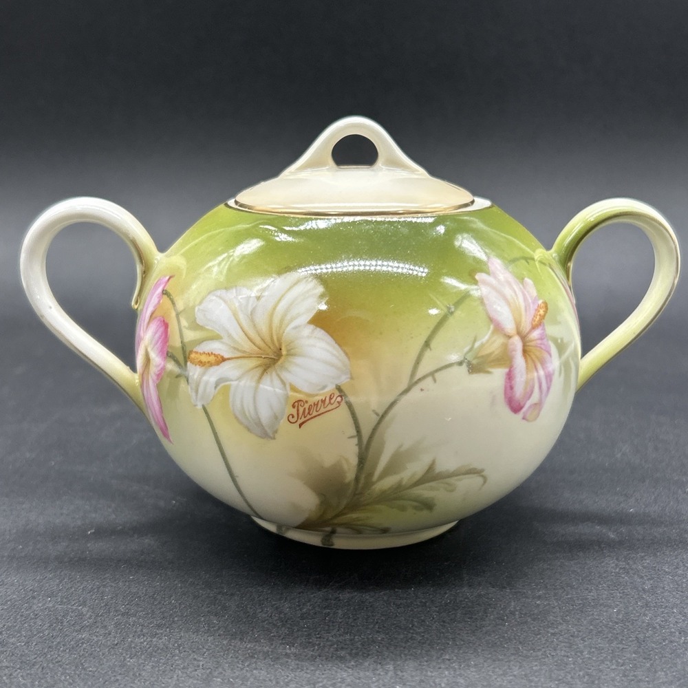 Antique Bavaria German Hand Painted Porcelain Lidded Sugar Bowl Lily Floral 34